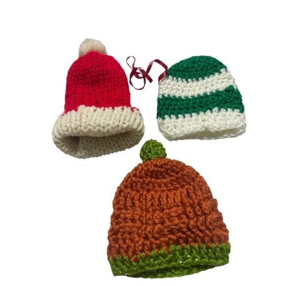 Hand Crochet Newborn Beanies Hand Crochet w/ Ribbon Lots of 3 - Picture 1 of 7